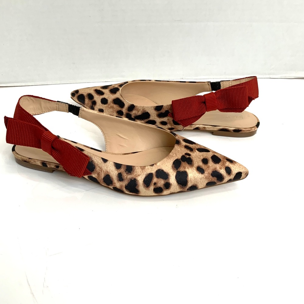 Maeve Anthropologie 6.5 Satin Leopard Red Side Bow Slingback Pointed Toe Flats